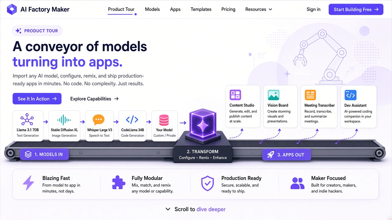 Example website concept 2 for aifactorymaker.com — illustrative mockup only