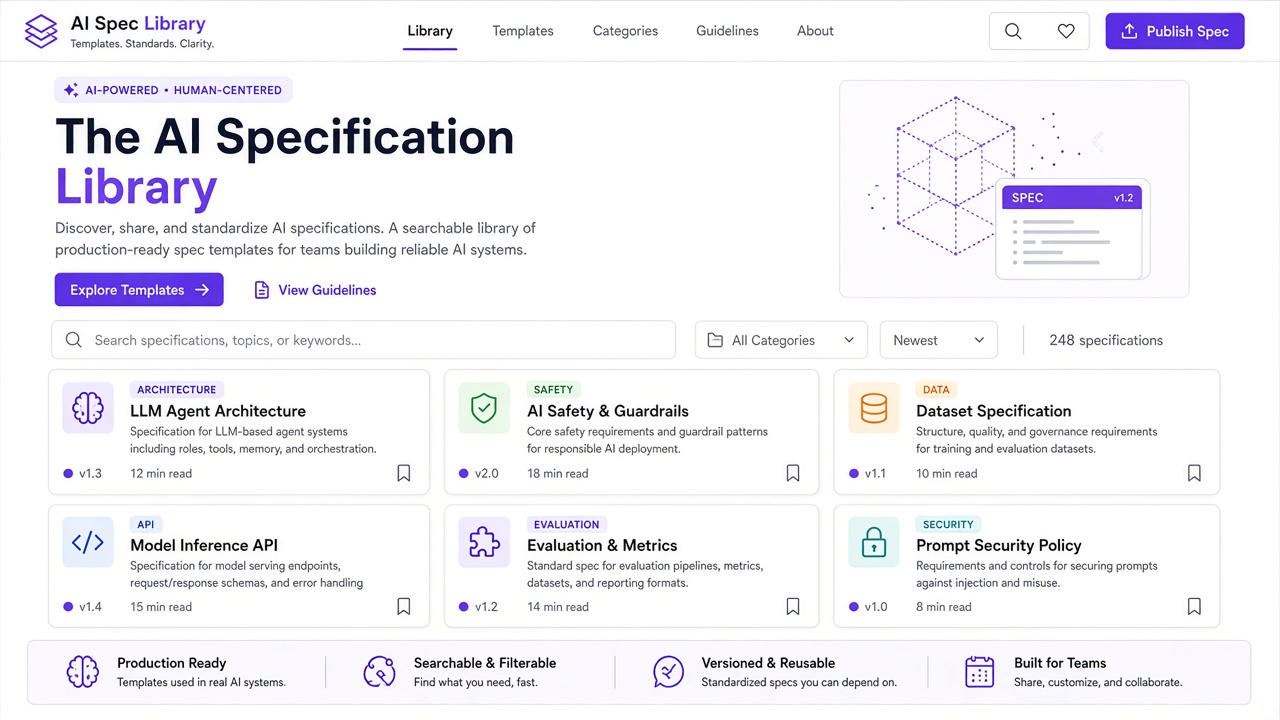 Example website concept 2 for aispecification.com — illustrative mockup only