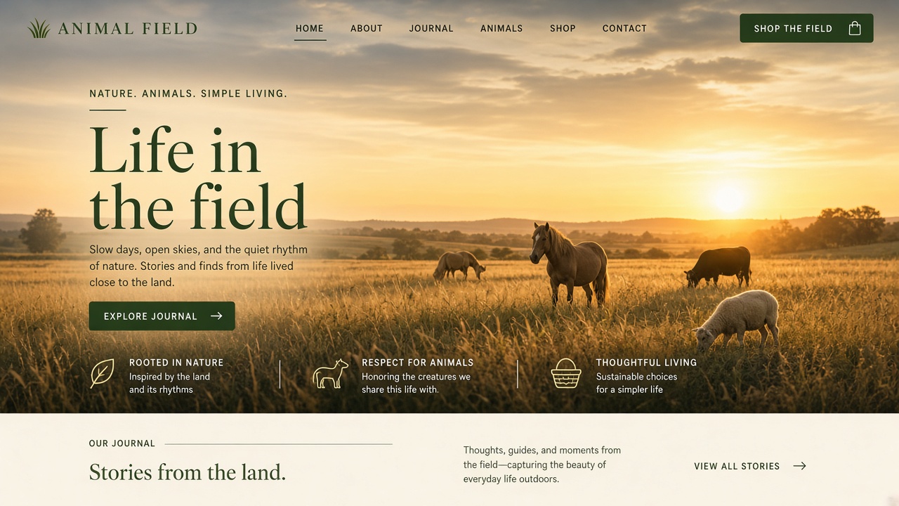 Example website concept 1 for animalfield.com — illustrative mockup only