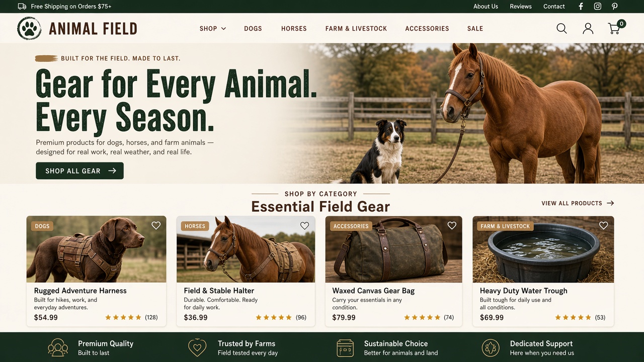 Example website concept 2 for animalfield.com — illustrative mockup only