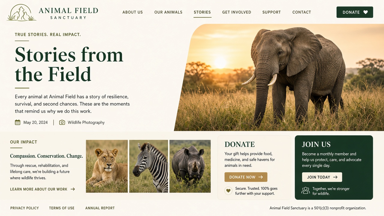 Example website concept 3 for animalfield.com — illustrative mockup only