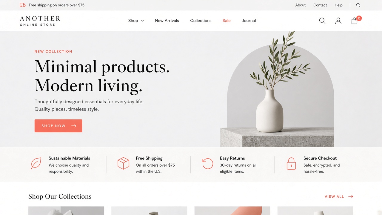 Example website concept 1 for anotheronlinestore.com — illustrative mockup only