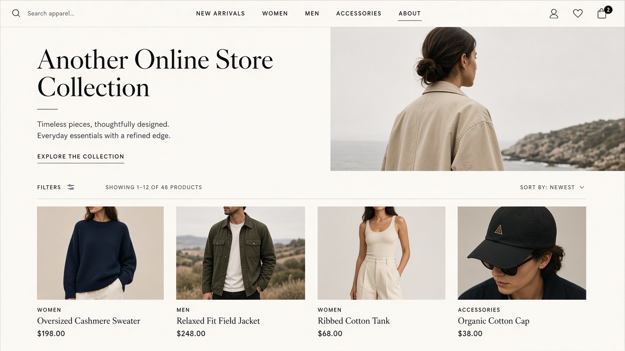 Example website concept 2 for anotheronlinestore.com — illustrative mockup only