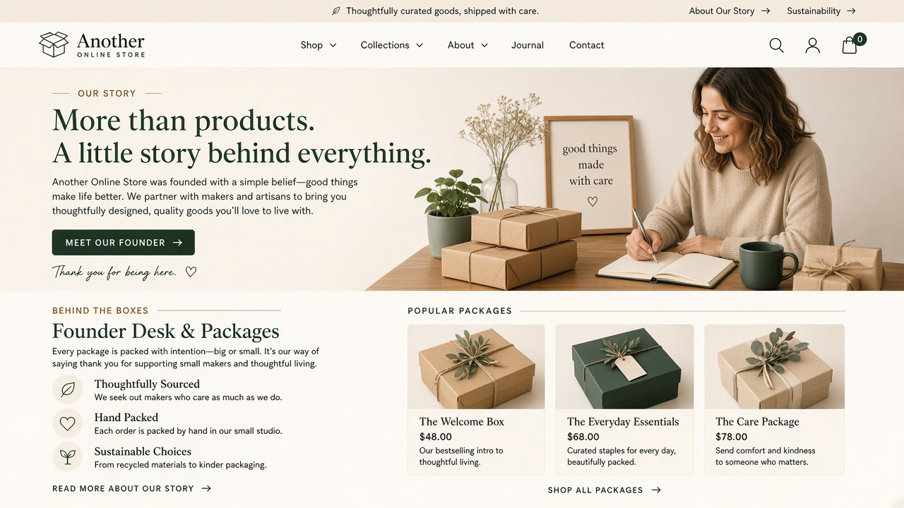 Example website concept 3 for anotheronlinestore.com — illustrative mockup only