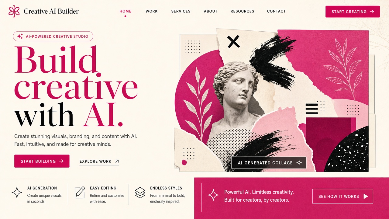 Example website concept 1 for creativeaibuilder.com — illustrative mockup only