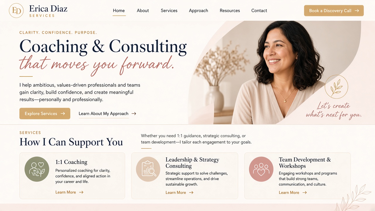 Example website concept 2 for ericadiaz.com — illustrative mockup only