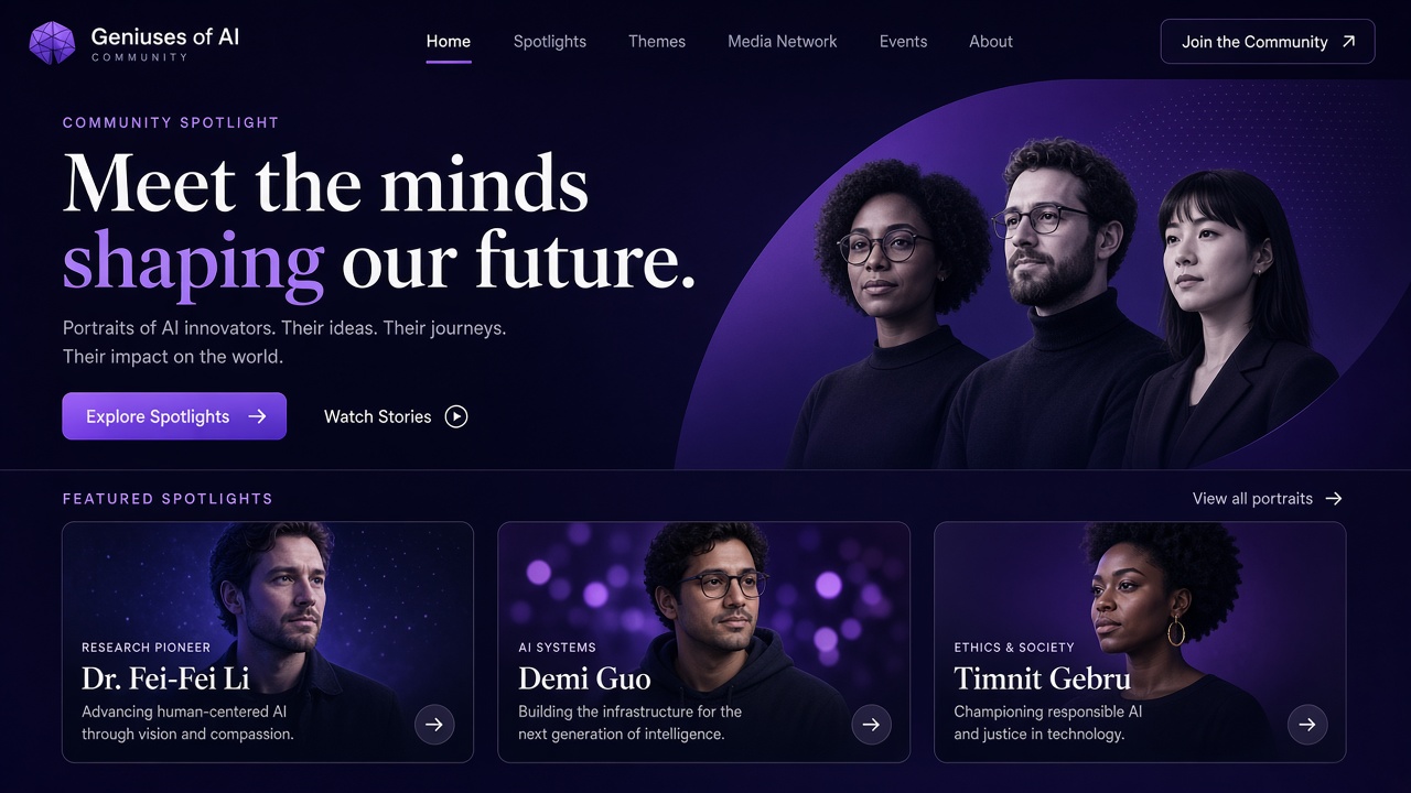 Example website concept 1 for geniusesofai.com — illustrative mockup only