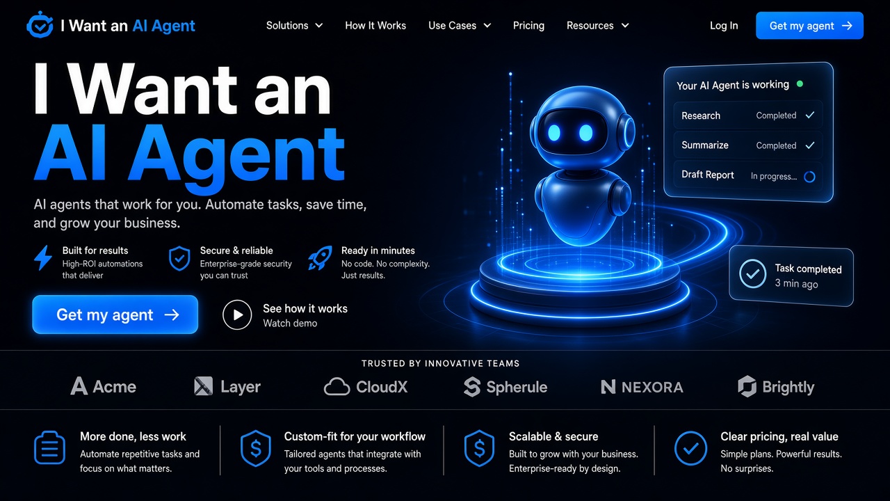 Example website concept 1 for iwantanaiagent.com — illustrative mockup only