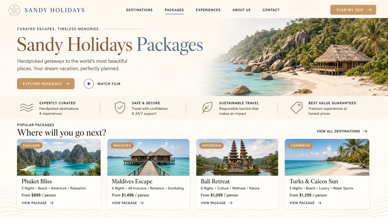 Example website concept 2 for sandyholidays.com — illustrative mockup only